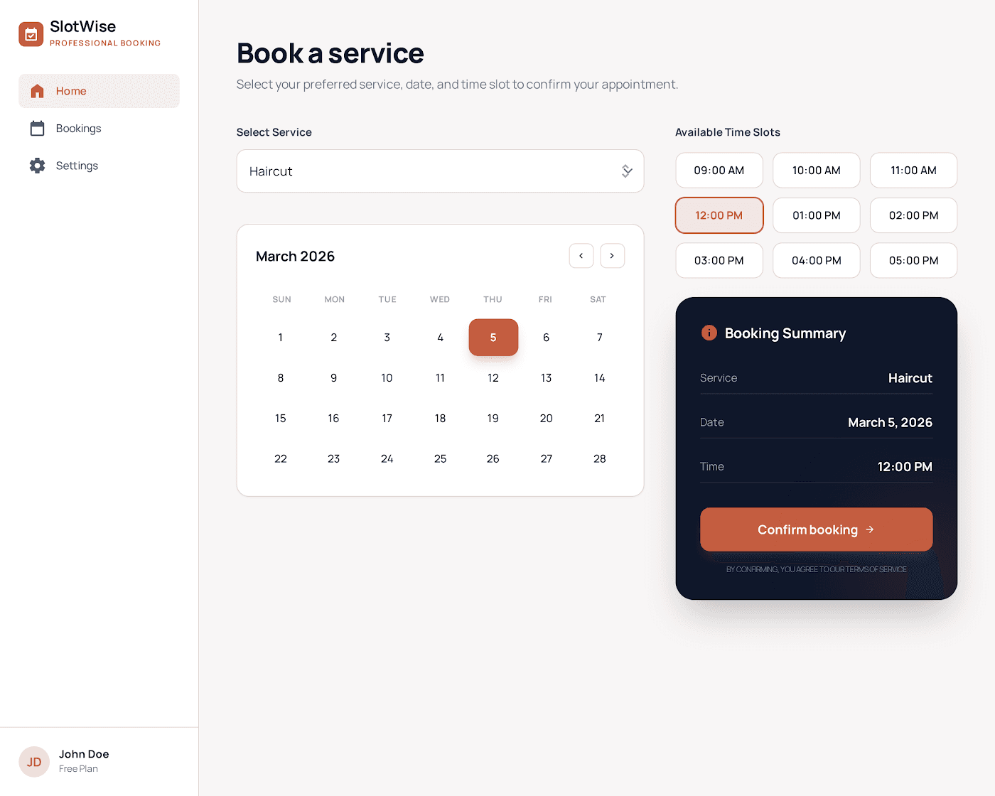 Example web app: SlotWise booking dashboard with calendar and time slots